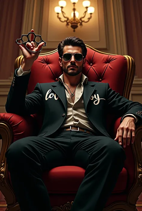 make a image of a men setting and a chair like a king with  and have a words "Loverboy" on her black jacket and have a sun glasses with cigarettes  and have a 4 knuckles self defense 