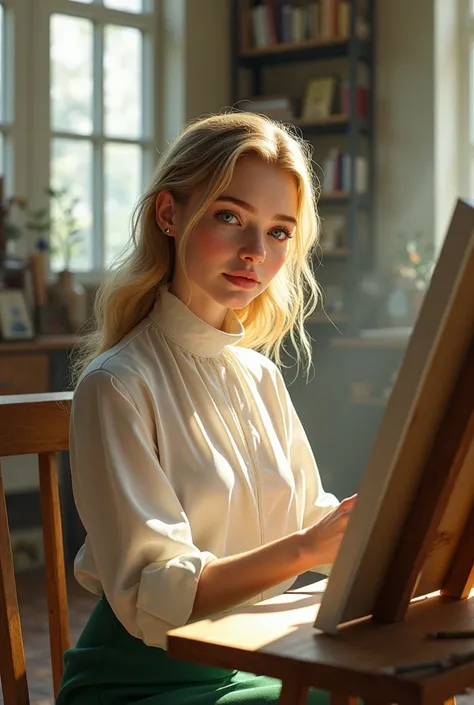 blonde hair woman, fair skin green eyes, at the academy drawing