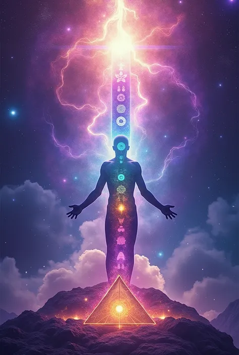 Create an image with a violet background, representing the 7 chakras aligned vertically in the center. Add a figure with raised hands, emanating energy that goes to the sky and the universe. The image should have a strong spiritual archetype and be visuall...