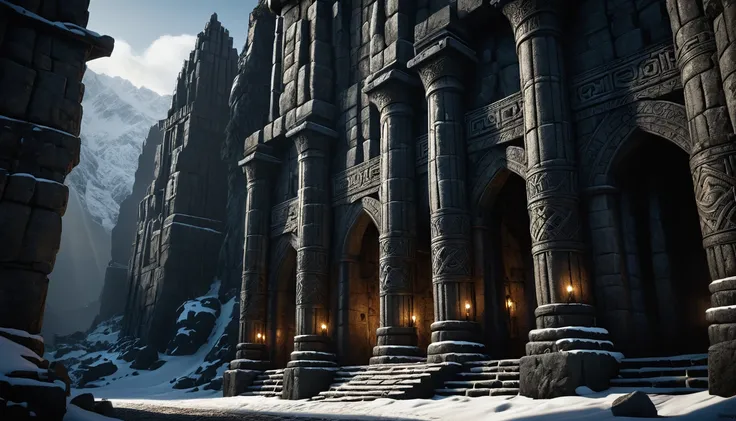 a massive stone fortress, ominous dark stone architecture, rugged mountains, snowy landscape, ancient dwarven runes, massive metal gates, colossal stone pillars, gothic architecture, brooding atmosphere, intricate stone carvings, deep shadows, shafts of li...