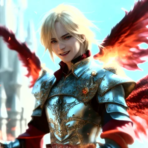 1 man, blonde long hair, detailed face and eyes, laughing expression, holding a glowing energy orb, flying with red and black fairy wings, castle background, anime style, rpg style, dark souls style, prince in royal clothes, red eyes, magical aura, (best q...