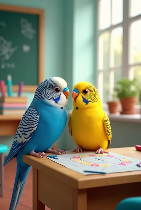 Two budgies. One of them is all blue the other one is all yellow. They goes to the school together

 