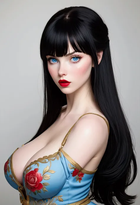 I had straight black hair and bangs that reached my shoulders., crystal blue eyes and porcelain skin. My body was an hourglass, Big breasts, thin waist and wide hips. My red lips contrasted with my rosy cheeks.