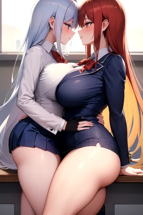 Lesbian (very long loose yellow hair)(big breasts, large thighs)(with school uniform clothes it is very tight) that he is kissing and touching his parts at school with his girlfriend(that they are in a very sexy and compromising position with their girlfri...