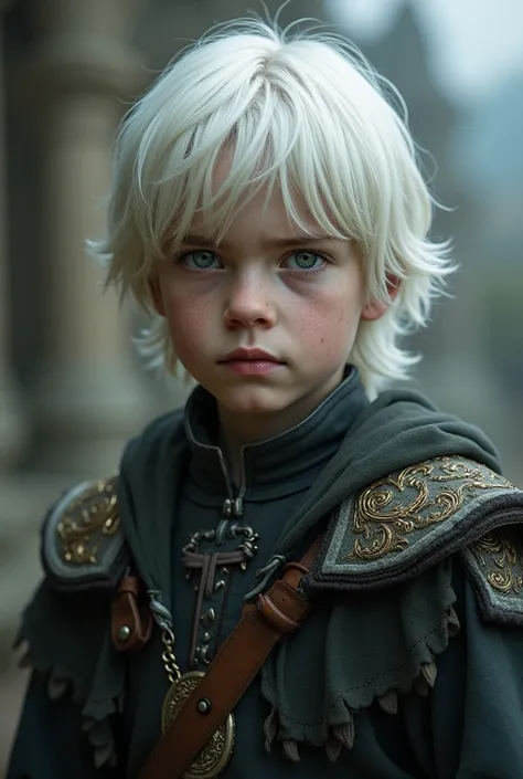 Boy, eleven years old, white hair, medium hair, straight hair, green eyes, white skin, medieval clothes, based on the franchise "A Song of Ice and Fire" by writer and screenwriter George RR Martin 