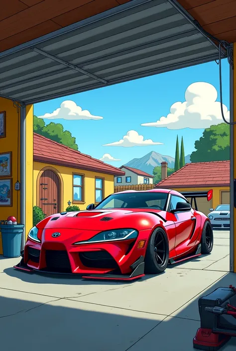 a red supra is modifying at garage of smpsons roof view anime style