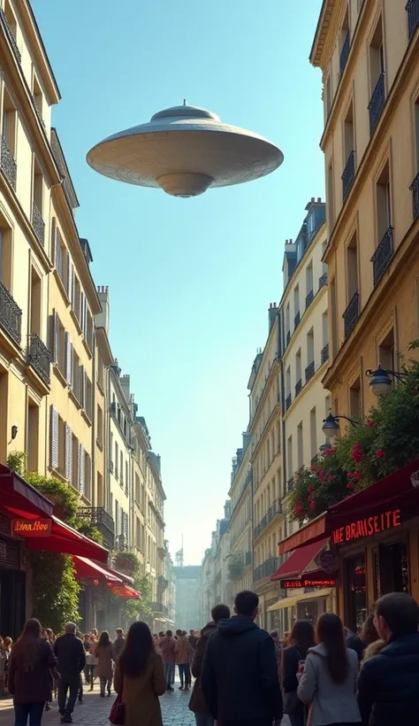 Photo realistic grande qualité dun ovni de forme soucoupe volante plate de petite taille avec très peu de détails et très simplifie de couleurs cendre reflétant la lumière du soleil au dessus de Paris. Photo prise depuis une ruelle, les touriste montre lov...