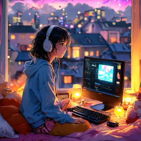 "An anime girl sitting in a cozy bedroom in front of a computer (seen from behind), a girl listening to music in a cozy room at night, wearing headphones, on the rooftop, enjoying beautiful night views from the windows, surrounded by lots of stuff, in a 2D...