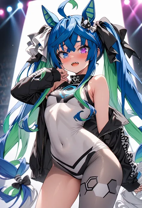 masterpiece,Highest quality,High resolution,Super detailed, solo, 1girl, live stage, ((cute)), Twin Turbo, Umamusume, aqua hair, twintails, heterochromia, purple eyes, blue eyes, sharp teeth, iono_pokemon costume outfit(bow-shaped hair, low-tied long hair,...