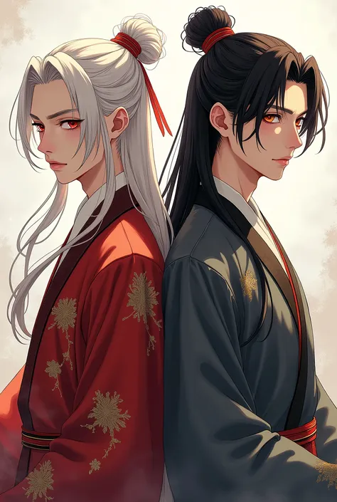 Create an image of:
first, A man in his twenties, with androgynous appearance, long white hair, red eyes, Fine body, Wearing traditional Chinese clothes, not anime style.
Segundo, A man in his twenties, masculine appearance, Long black hair tied in a ponyt...