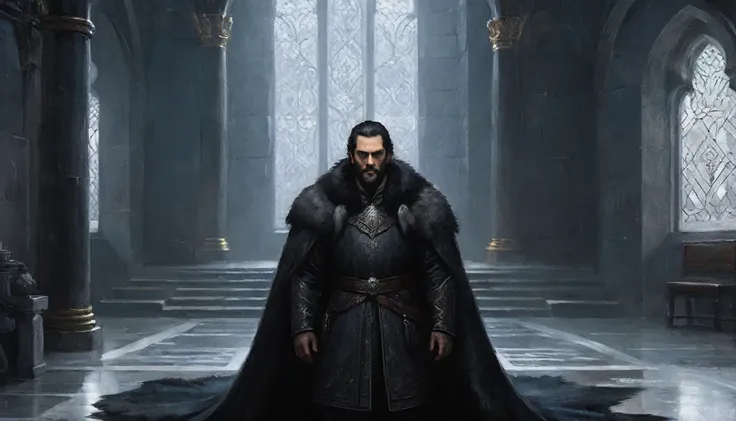 In the cold, shadowed expanse of the throne room, King Ytluaf stands alone, his back to the dark stone walls and his distant gaze fixed on the icy horizon beyond the grand windows. His expression is stern, almost emotionless, with an air of deep, impenetra...