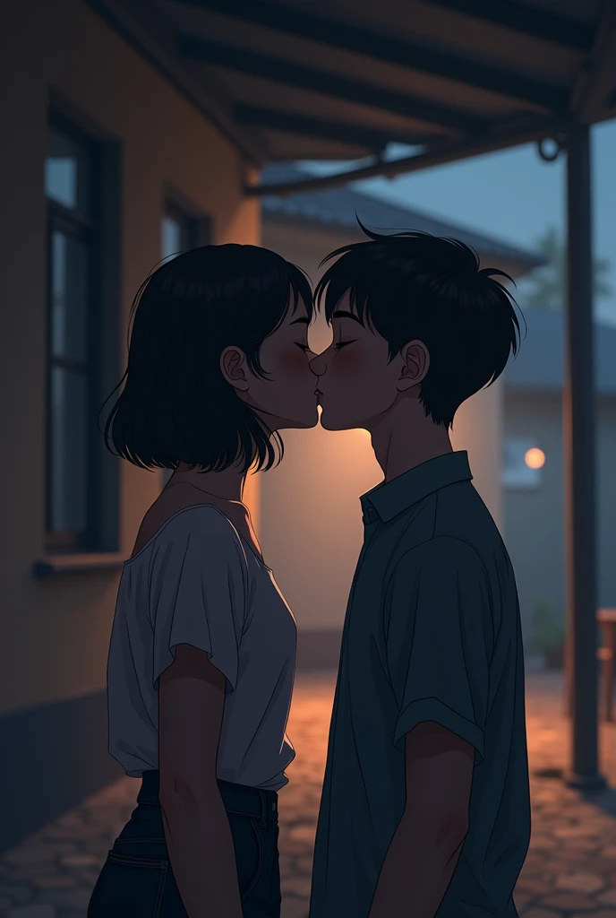 A couple of students secretly giving their first kiss outside the classroom, in a somewhat desolate place, She has short, wavy dark hair with fair skin, He has short straight hair with less fair skin. They are in a covered patio, They are 14 and .  They ar...