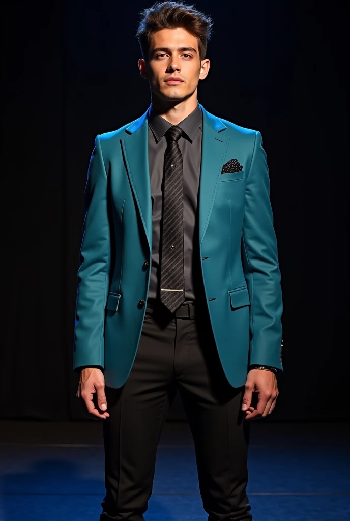 Young man posing on stage wearing a turquoise grey suit black pants with dark grey shirt and striped black tie