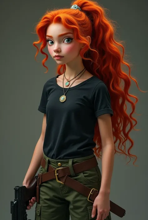 princess merida if she were in the present day, wore black military pants and t-shirt, With a firearm, besides having hair tied in a high ponytail and a reliquary around your neck, make it as if it were a profile picture