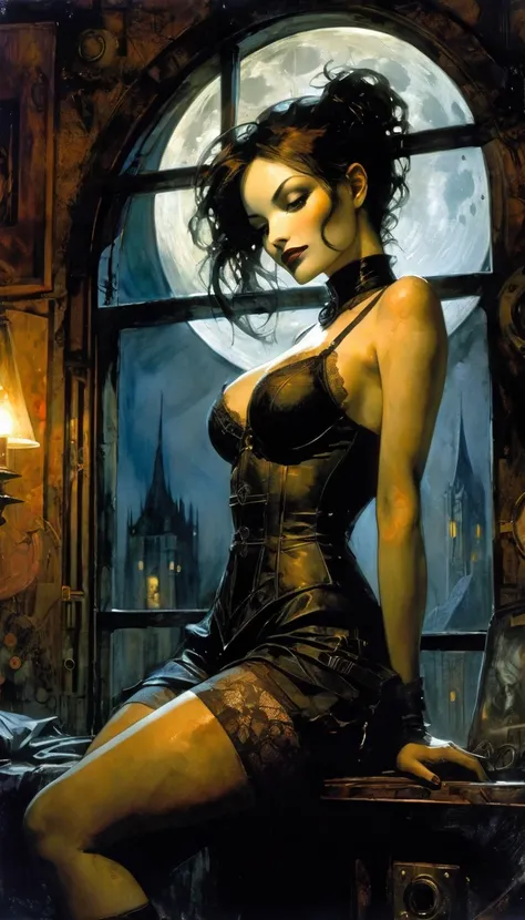 sexy girl, in her room, lingerie, smiles, steampunk, large window with night views, night, magic, fantasy, stars, moon, eroticism, sexy, black and white image, between shadows, oil painting, chiaroscuro, sensual, dramatic lighting, moody atmosphere, photor...