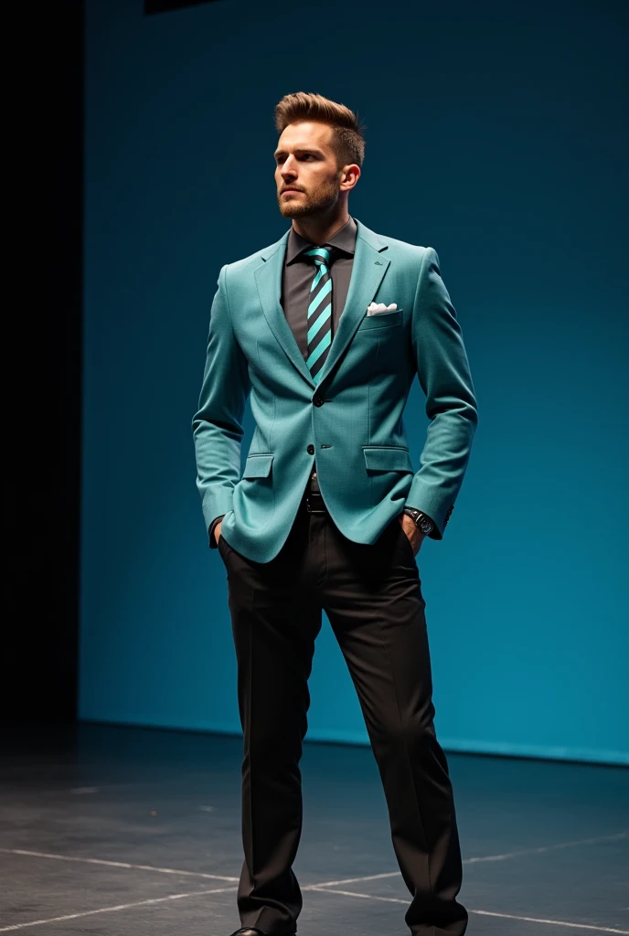 Young man posing on stage wearing a turquoise grey suit black pants with dark grey shirt and striped turquoise tie