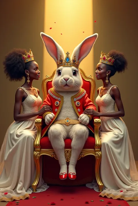 A rabbit with king clothes  and crown and king shoe sitting on a golden chair sorrounded with two African girls wearing long white flower gown and red open shoes one girl to the left of the rabbit and the other one to the right where one is holding the rab...