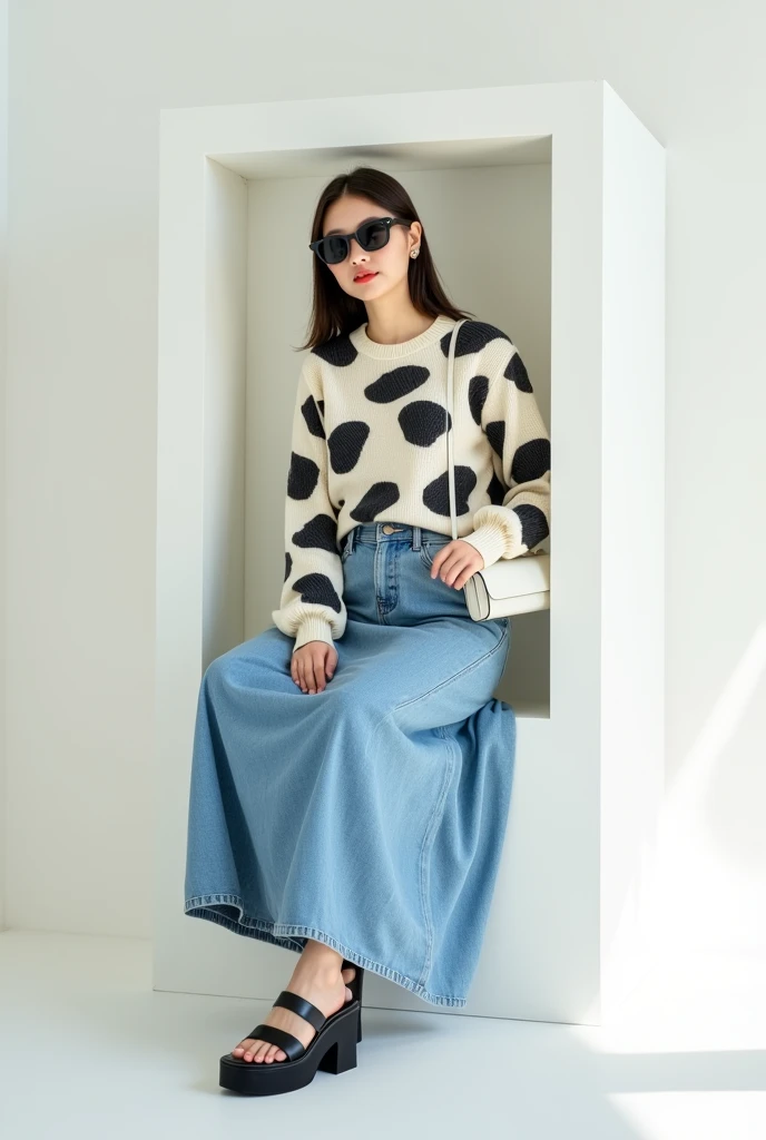 indoor portrait, a 20 year old asian hijab woman wearing a long sweater with a cute black pattern, long jeans skirt, wearing a white mini bag, wearing cool sunglasses, black jelly sandals, sitting with a cool pose in a white rectangular box, white studio p...