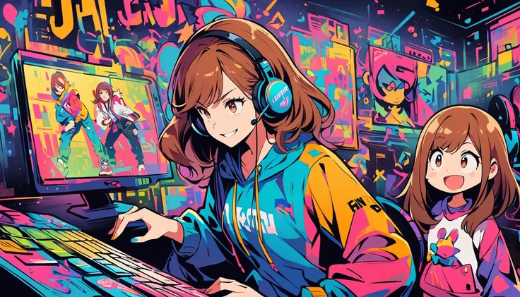 A striking illustration captures the essence of high-fashion confidence in a young white woman with long brown hair and detailed brown eyes... She sits in front of the computer playing a game and smiles slightly... She wears an impressive outfit, including...