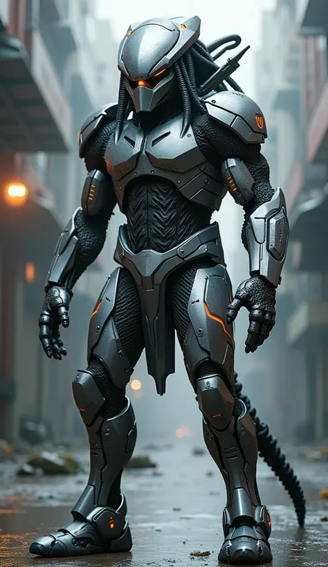 predator，full body photo，gray skin with scales, cyber, technological silver armor, robotic armor, batman, authentic background