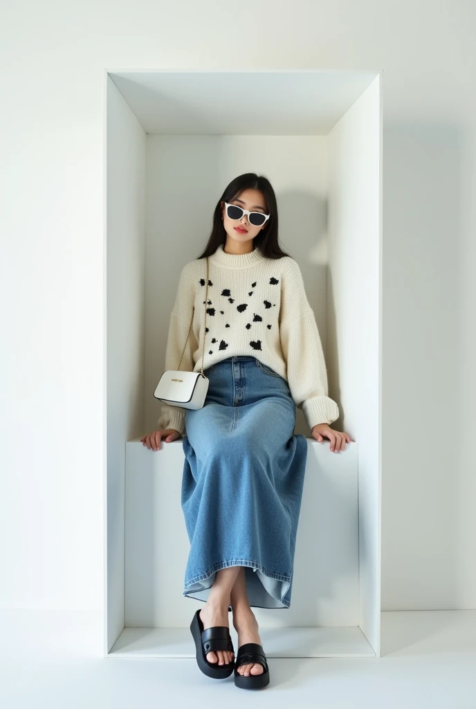 indoor portrait, a 20 year old asian hijab woman wearing a long sweater with a cute black pattern, long jeans skirt, wearing a white mini bag, wearing cool sunglasses, black jelly sandals, sitting with a cool pose in a white rectangular box, white studio p...