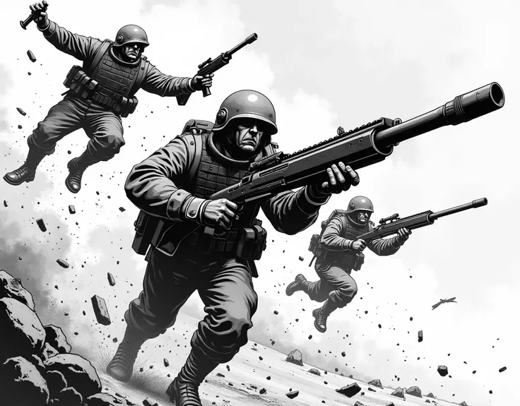 Image of armed soldiers, they must be classic soldiers, with large black ones, flying through the skies, leaving destruction, the type of image is comic noir style, in black and white