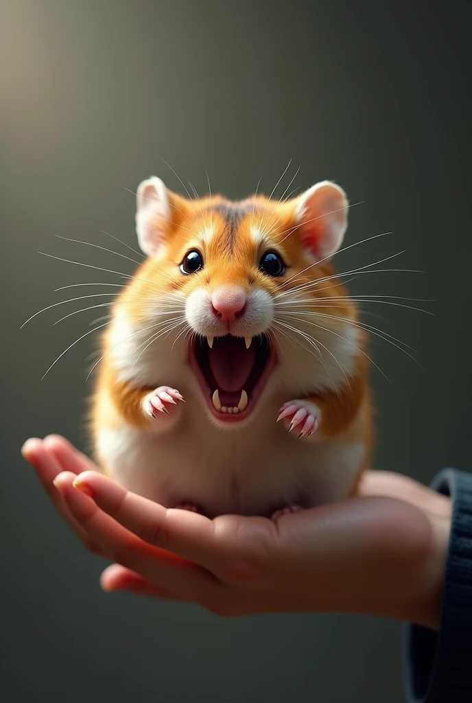 "Generate a 1080x1080 px (1:1 ratio) image of an angry hamster being held in the hand of a person. The hamster should have an expressive, fierce facial expression with tiny claws showing, and the person’s hand should be visible, gently holding the hamster....