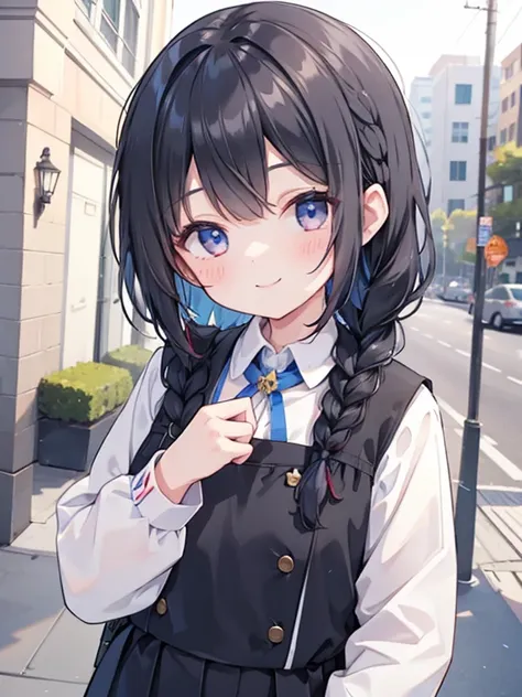 Girl with braided black hair、uniform、smile