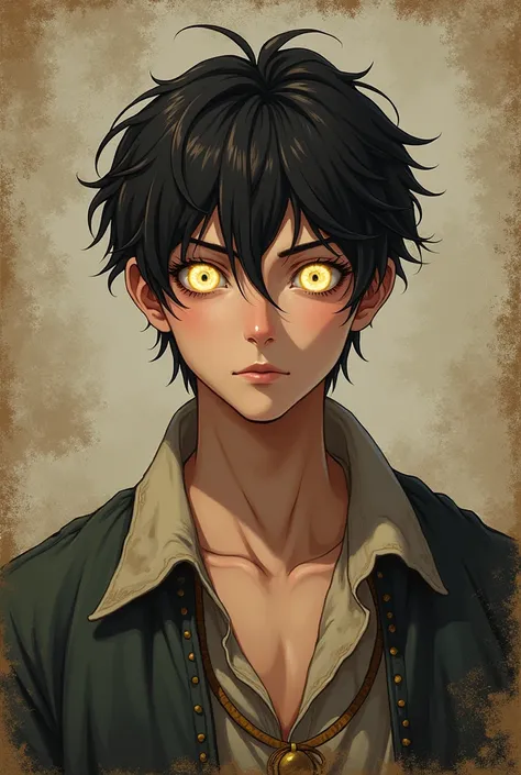 I want an image with optical illusion and a painting of a male teenager, his eyes move because they are Backgrounds, he is wearing very old clothes from the 12th century and the painting is very old, I want the image to be in anime