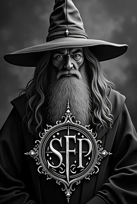 create a black and white image of gandalf from lord of the rings, with a logo in the center containing only the letters SFP with a medieval design