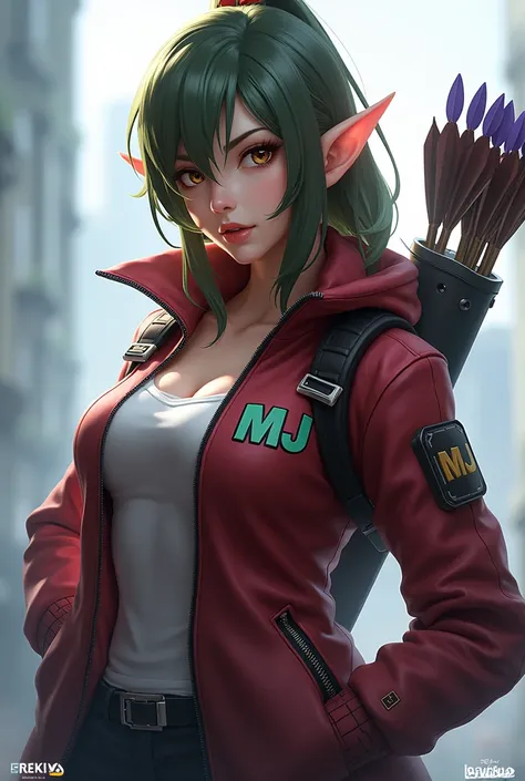 realistic Mobile legends bang bang hero "miya" wearing a jacket and have a word MJ in her jacket