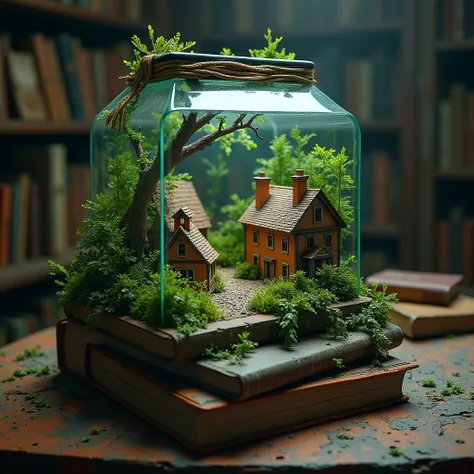 A digital photography of a diorama terrarium of a small town with river and water fall in the glass container has cracked and broken out while the plants are  growing and spreading on the rusty abandoned table of old books , and small town is amazing alive...