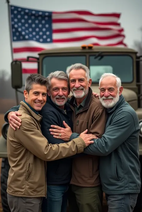 realistic full-body photo of four generations of men, ultra-realistic photo on a full-frame camera being son, father, grandfather and great-grandfather, looking at the camera happily, in front of a military truck, with the flag of the United States, happy ...