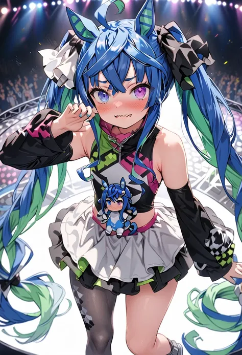 masterpiece,Highest quality,High resolution,Super detailed,4k,8k, solo, 1girl, live stage, ((cute)), Twin Turbo, Umamusume, aqua hair, twintails, heterochromia, purple eyes, blue eyes, sharp teeth, iono_pokemon costume outfit(bow-shaped hair, low-tied long...