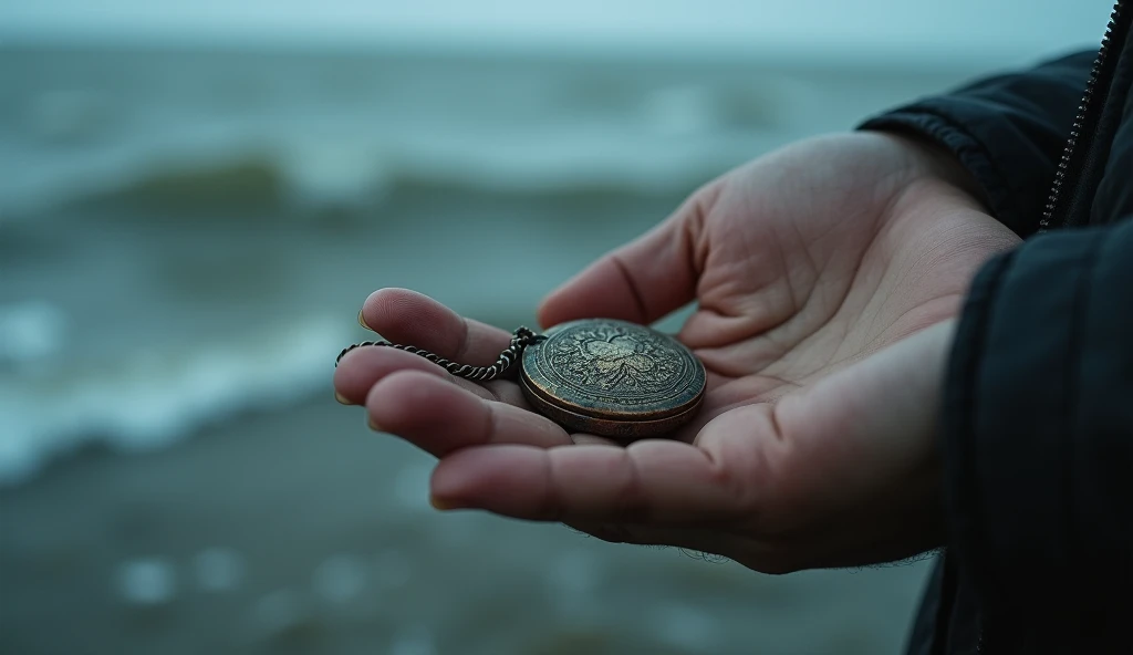 A close-up of the mans hand holding an old, rusted locket he just picked up from the sand. The locket is weathered, with intricate, corroded details, and it glistens faintly in the dim light. In the background, the ocean is churning restlessly, and the win...