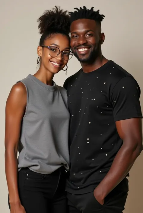 In the photo, You appear with curly hair tied up and wearing clear-framed glasses, transmitting a modern air. She is wearing a gray sleeveless blouse and black pants., composing a simple and elegant look. Your boyfriend has short hair and is wearing a blac...