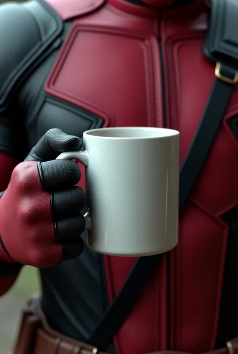 Deadpool&#39;s hand from the movies with a white ceramic mug in his hand