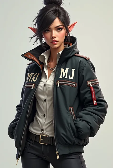 realistic Mobile legends bang bang hero "miya" wearing a jacket and have a word MJ in her Right jacket and put the words miya and her left jacket