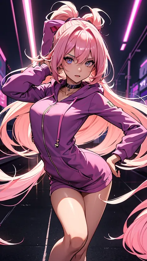 A young girl with long pink hair is dancing in an urban night setting. She is wearing a loose hoodie and a choker necklace. The hood is down, and her movements are fluid and energetic. The background features blurred city lights and neon signs, with reflec...