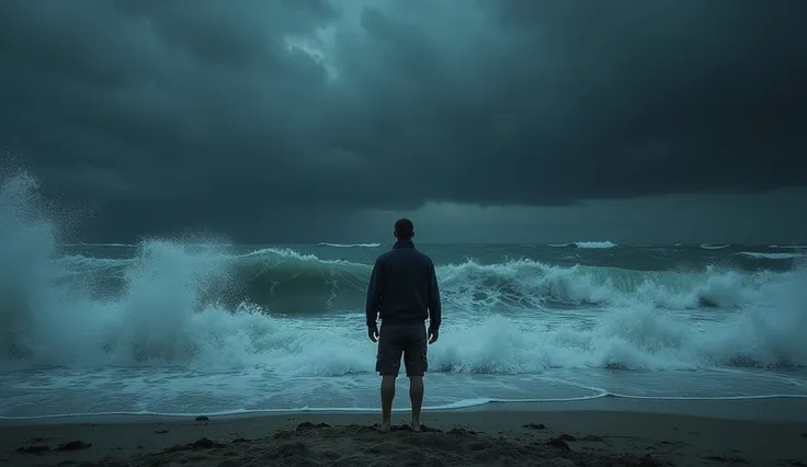 The man stands facing the ocean, which is now dark and menacing under an almost-black sky. The waves crash aggressively against the shore, and the wind whips around him violently. His body language is tense, as if hes bracing for something. The entire scen...