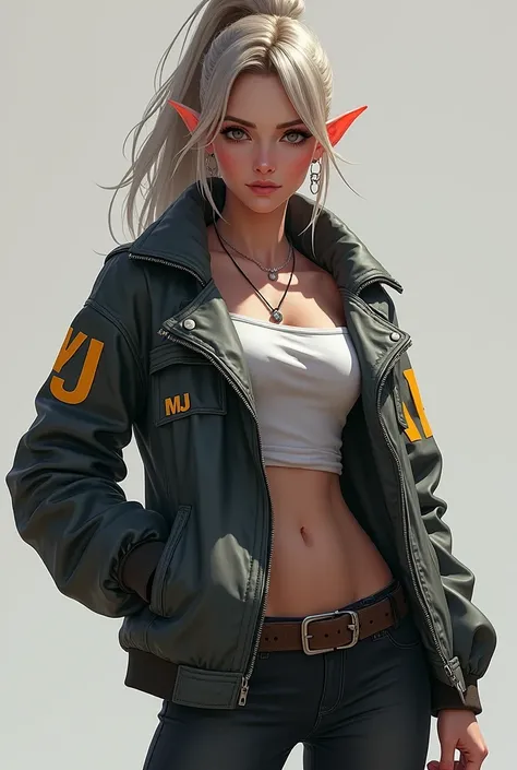 realistic Mobile legends bang bang hero "miya" wearing a jacket and have a word MJ in her Right jacket and put the words miya and her left jacket