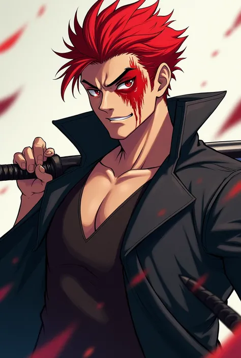 Red hair anime man short hair decent built body bloody face smirking smile wearing trench with sword