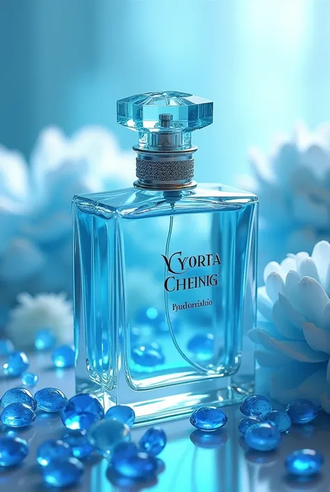 Square perfume bottle with English letters、The cap of the perfume bottle is a light blue crown.、The perfume bottle is slightly tilted、Light blue perfume、Blue jewels sparkle in the perfume、The perfume is surrounded by light blue peonies.、Vibrant、