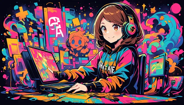 A striking illustration captures the essence of high-fashion confidence in a young white woman with long brown hair and detailed brown eyes... She sits in front of the computer playing a game and smiles slightly... She wears an impressive outfit, including...