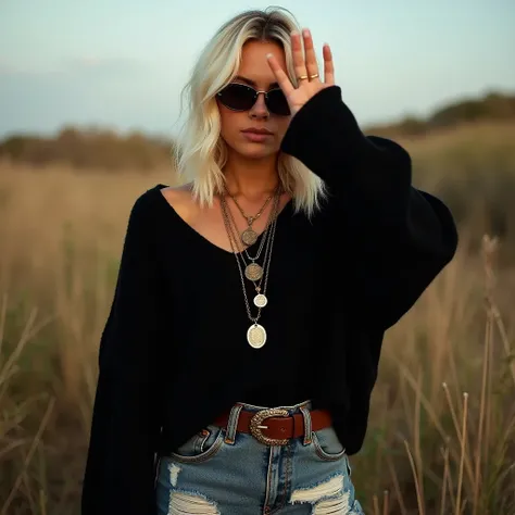 This image features a woman with platinum blonde hair in an outdoor setting, wearing a casual and chic outfit. She is dressed in a loose-fitting black sweater paired with high-waisted, frayed denim shorts. The woman is accessorized with layered necklaces, ...