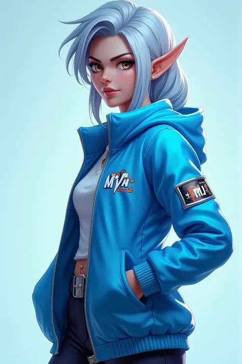 make a mobile legends character miya with a words miya and her left jacket and the words MJ and her right jacket the color of jacket is light blue