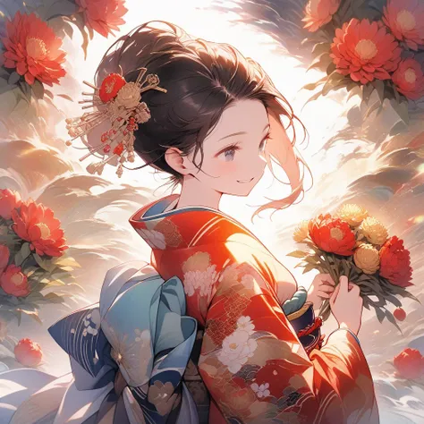 A detailed illustration of a joyful young girl wearing a vibrant, floral-patterned kimono with rich blue and red colors. Her hair is black, tied back with ornate hairpins, and she is holding her hands together in a prayerful gesture with an excited express...