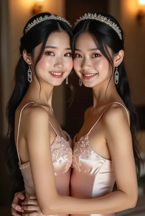 Realistic upper body portrait of two young japamese  woman aged 23, long hair, ponytaile, hairband, necklace, smile. She poses in front of the camera in a pink and white shiny silk A-line Dress with straps..., Weddingparty,glamour fotoshooting, beautiful f...