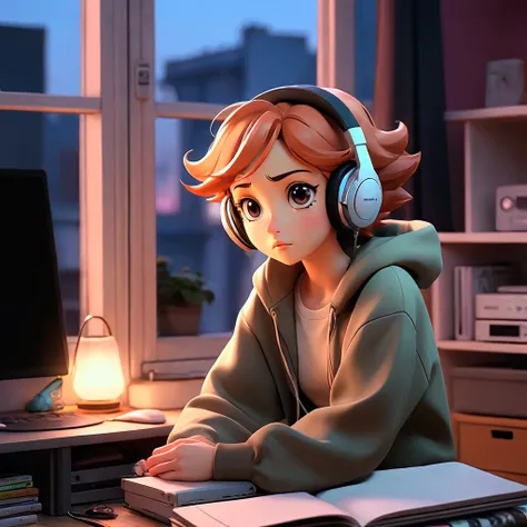 "An anime girl sitting in a cozy bedroom in front of a computer (seen from behind), a girl listening to music in a cozy room at night, wearing headphones, on the rooftop, enjoying beautiful night views from the windows, surrounded by lots of stuff, in a 2D...