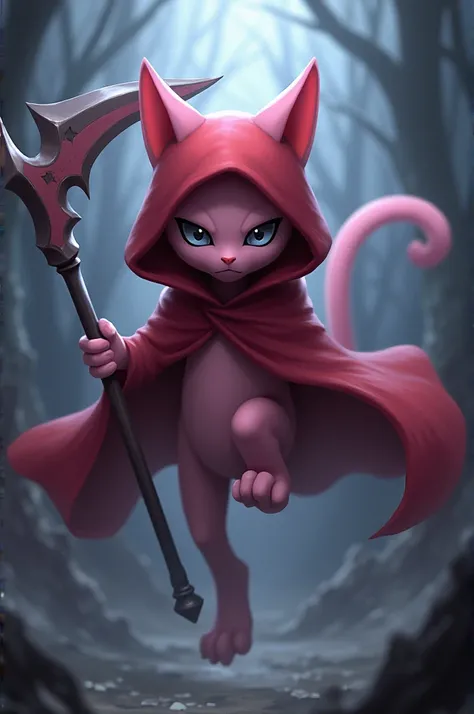 I want an image of Pokémon Mew with the cover, red hood and scythe 